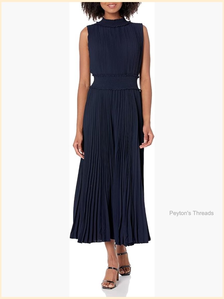 Smocked High Neck Pleated Maxi Dress Sleeveless Chiffon Formal